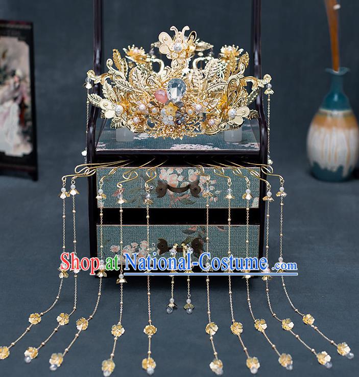 Chinese Traditional Bride Golden Royal Crown Handmade Hairpins Wedding Hair Accessories Complete Set for Women