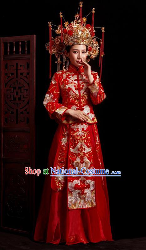 Chinese Traditional Wedding Red Costumes Embroidered Toast Xiuhe Suit Ancient Bride Full Dress for Women