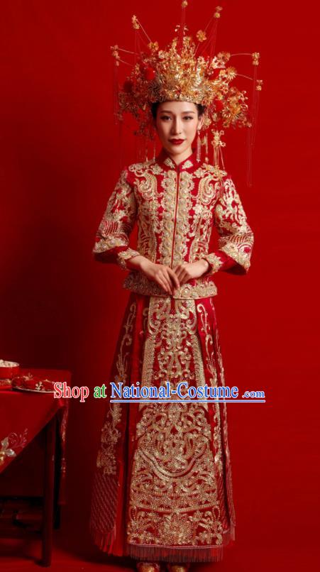 Chinese Traditional Wedding Costumes Embroidered Red Toast Xiuhe Suit Ancient Bride Full Dress for Women