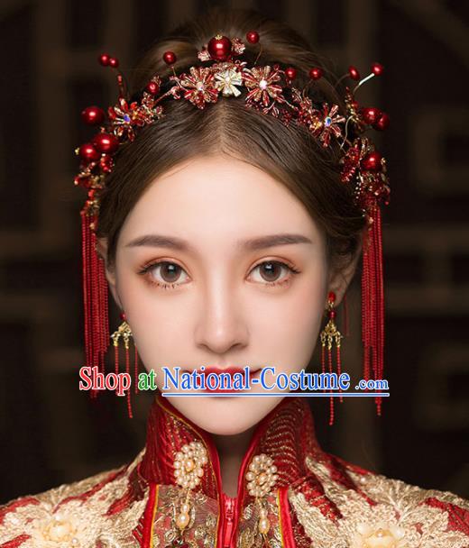 Chinese Traditional Red Flowers Tassel Hair Clasp Bride Handmade Hairpins Wedding Hair Accessories Complete Set for Women