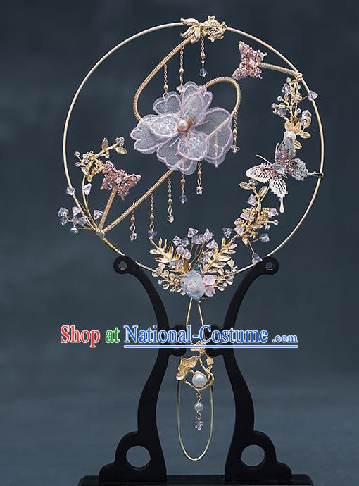 Chinese Traditional Wedding Lilac Flower Palace Fans Ancient Bride Prop Round Fan for Women