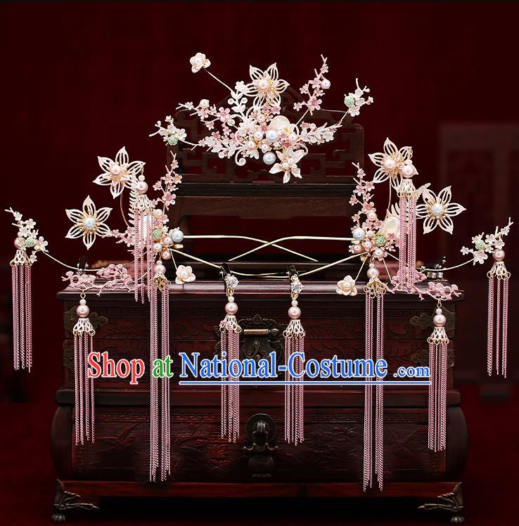 Chinese Traditional Hair Crown Bride Handmade Pink Tassel Hairpins Wedding Hair Accessories Complete Set for Women