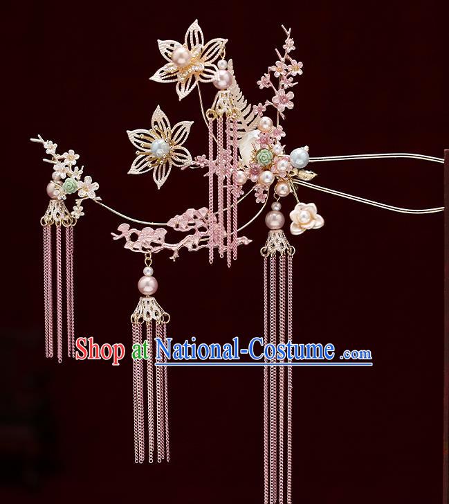 Chinese Traditional Hair Crown Bride Handmade Pink Tassel Hairpins Wedding Hair Accessories Complete Set for Women