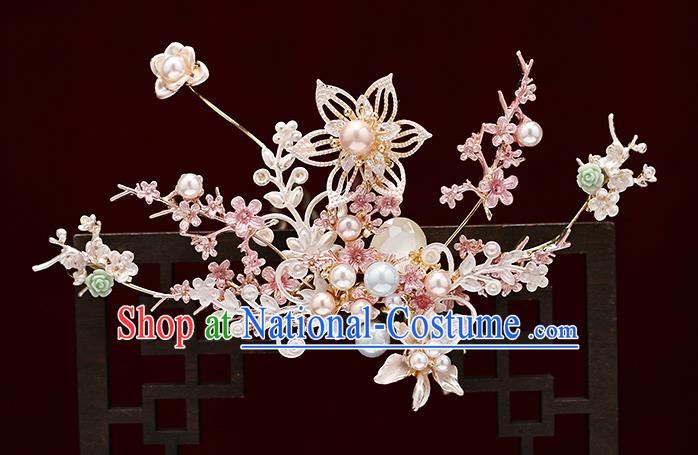 Chinese Traditional Hair Crown Bride Handmade Pink Tassel Hairpins Wedding Hair Accessories Complete Set for Women