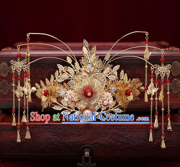 Chinese Traditional Golden Hair Crown Bride Handmade Tassel Hairpins Wedding Hair Accessories Complete Set for Women