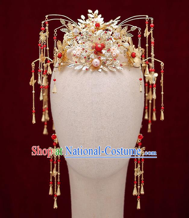 Chinese Traditional Golden Hair Crown Bride Handmade Tassel Hairpins Wedding Hair Accessories Complete Set for Women