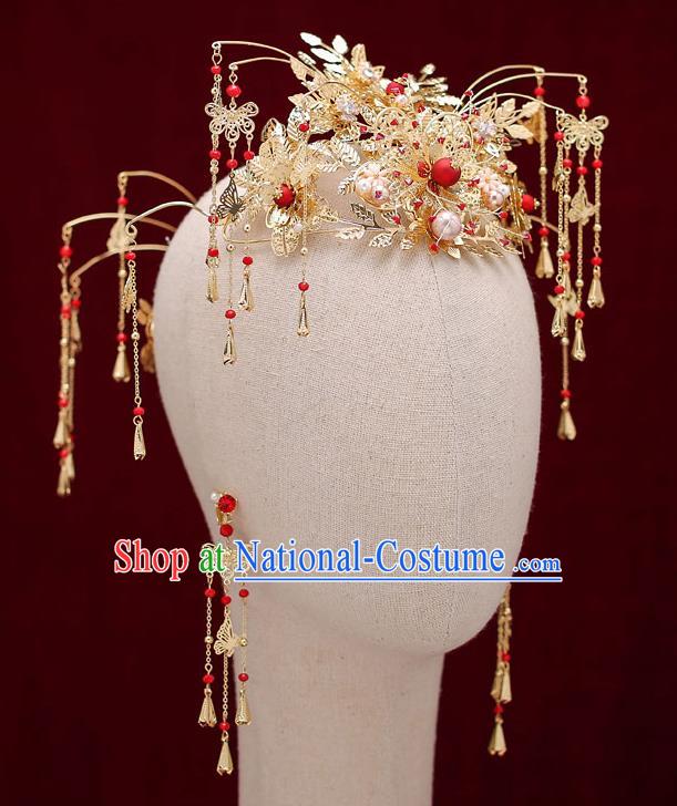 Chinese Traditional Golden Hair Crown Bride Handmade Tassel Hairpins Wedding Hair Accessories Complete Set for Women