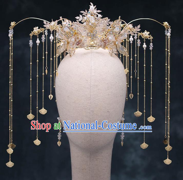 Chinese Traditional Silk Flowers Phoenix Coronet Bride Handmade Tassel Hairpins Wedding Hair Accessories Complete Set for Women