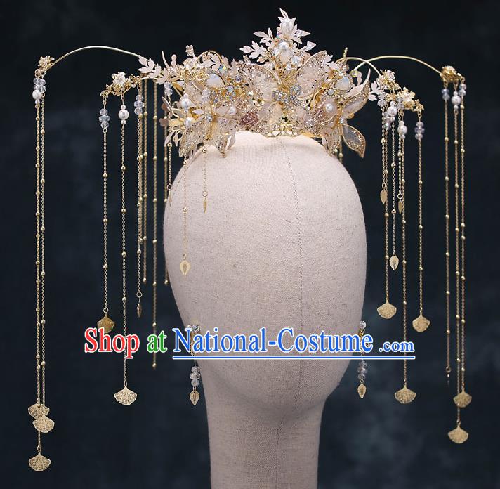 Chinese Traditional Silk Flowers Phoenix Coronet Bride Handmade Tassel Hairpins Wedding Hair Accessories Complete Set for Women