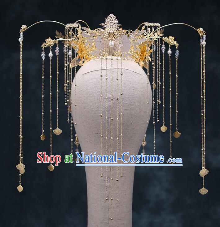 Chinese Traditional Silk Flowers Phoenix Coronet Bride Handmade Tassel Hairpins Wedding Hair Accessories Complete Set for Women