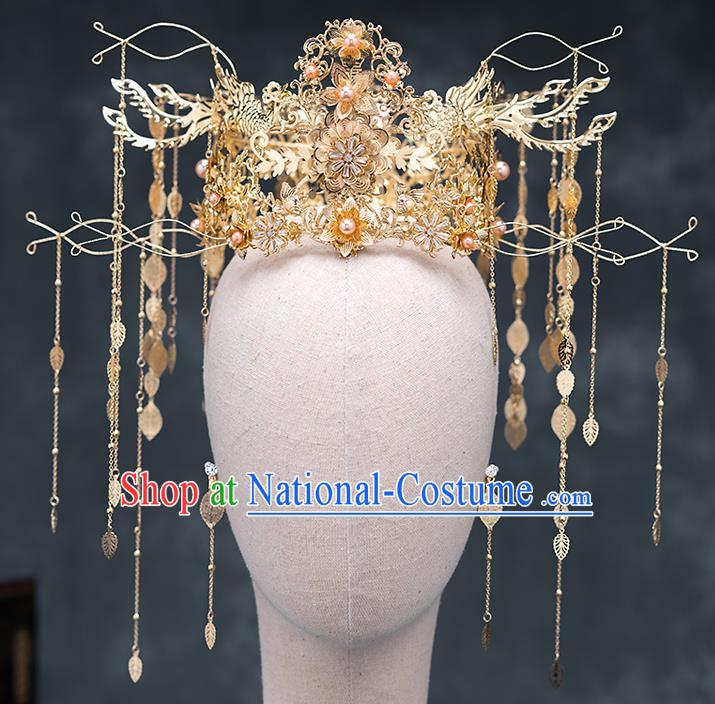 Chinese Traditional Golden Phoenix Coronet Bride Handmade Tassel Hairpins Wedding Hair Accessories Complete Set for Women