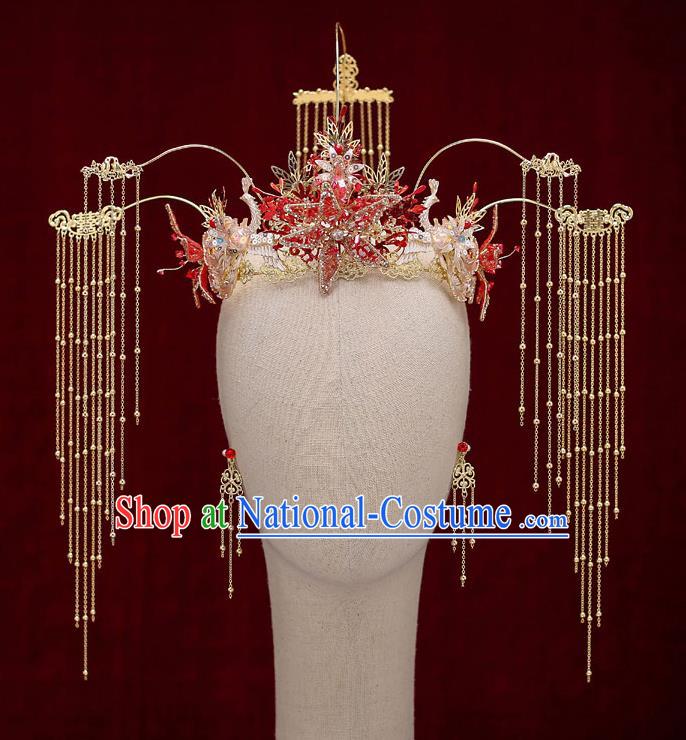 Chinese Traditional Red Star Phoenix Coronet Bride Handmade Tassel Hairpins Wedding Hair Accessories Complete Set for Women