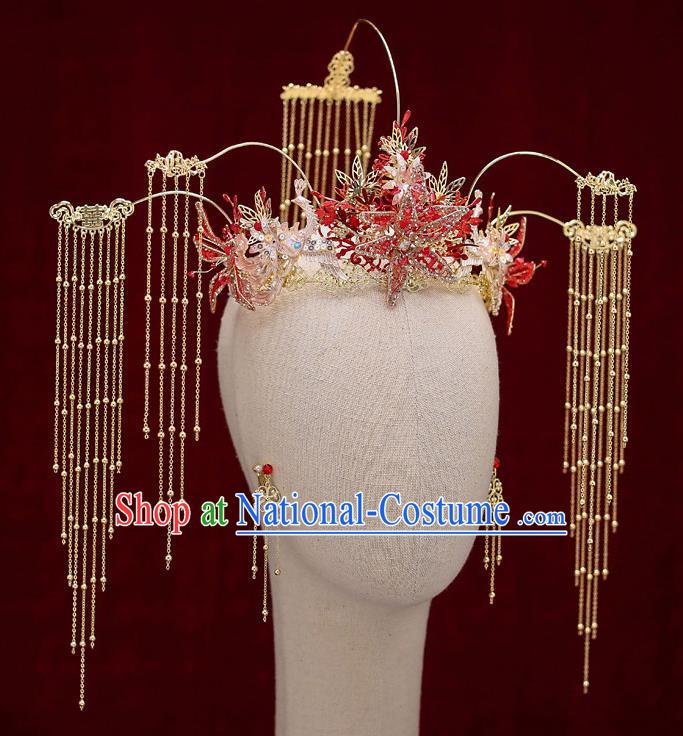 Chinese Traditional Red Star Phoenix Coronet Bride Handmade Tassel Hairpins Wedding Hair Accessories Complete Set for Women