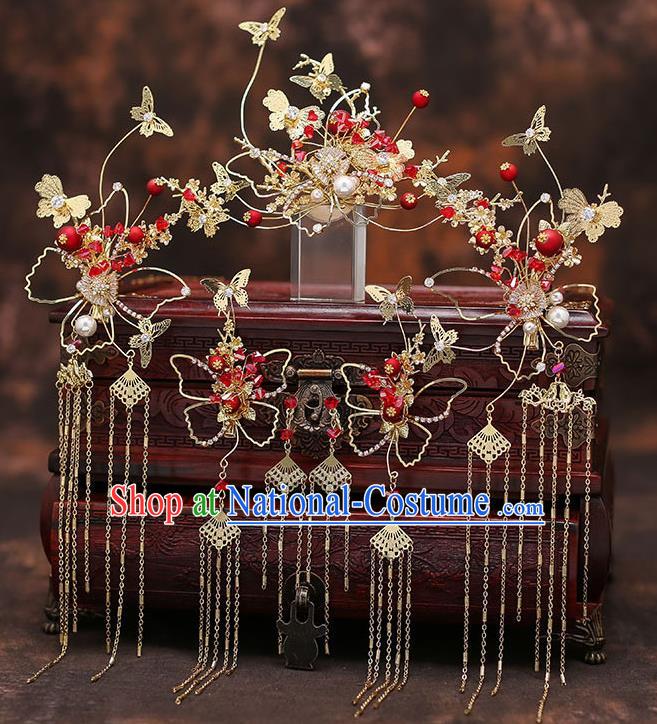 Chinese Traditional Golden Butterfly Hair Clasp Bride Handmade Tassel Hairpins Wedding Hair Accessories Complete Set for Women