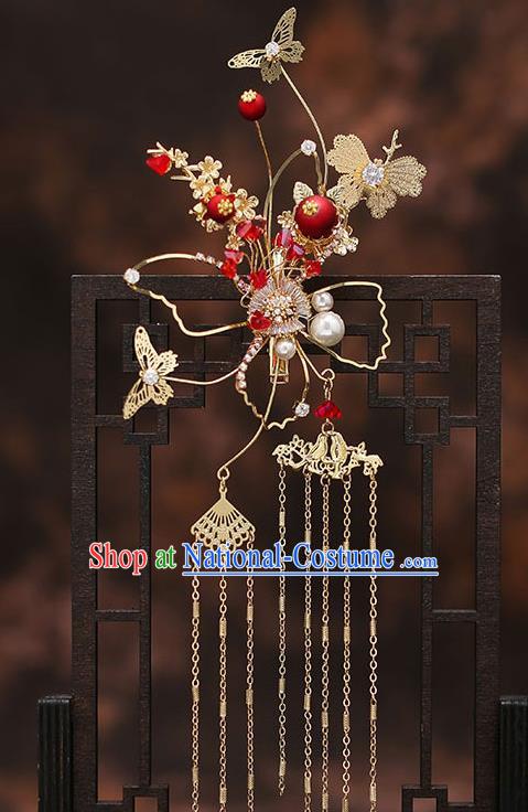 Chinese Traditional Golden Butterfly Hair Clasp Bride Handmade Tassel Hairpins Wedding Hair Accessories Complete Set for Women