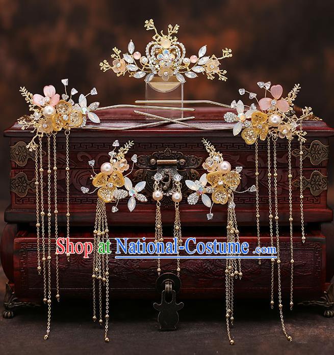 Chinese Traditional Opal Hair Comb Bride Handmade Tassel Hairpins Wedding Hair Accessories Complete Set for Women