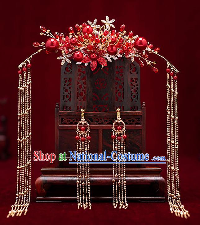 Chinese Traditional Red Beads Hair Comb Bride Handmade Tassel Hairpins Wedding Hair Accessories Complete Set for Women