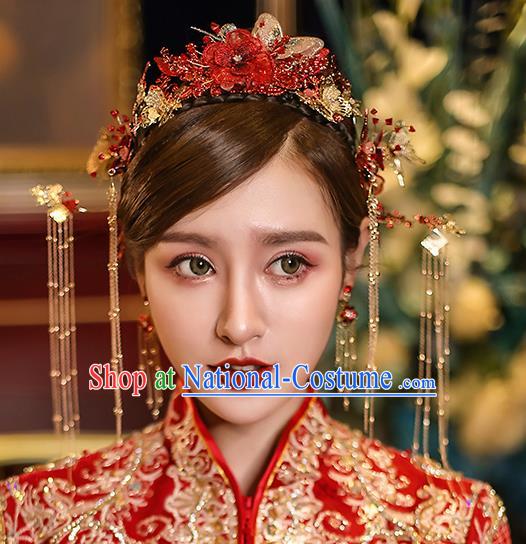 Chinese Traditional Red Flowers Phoenix Coronet Bride Handmade Tassel Hairpins Wedding Hair Accessories Complete Set for Women