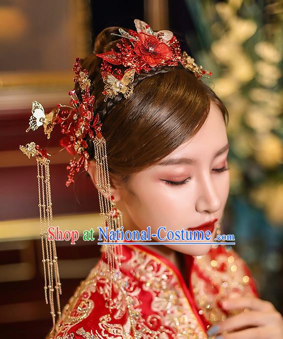 Chinese Traditional Red Flowers Phoenix Coronet Bride Handmade Tassel Hairpins Wedding Hair Accessories Complete Set for Women