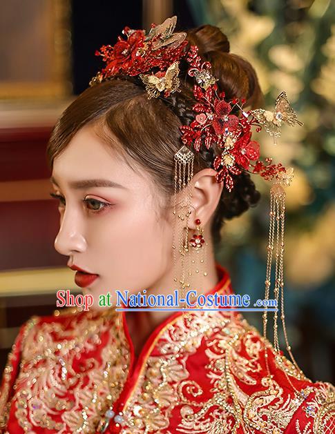 Chinese Traditional Red Flowers Phoenix Coronet Bride Handmade Tassel Hairpins Wedding Hair Accessories Complete Set for Women