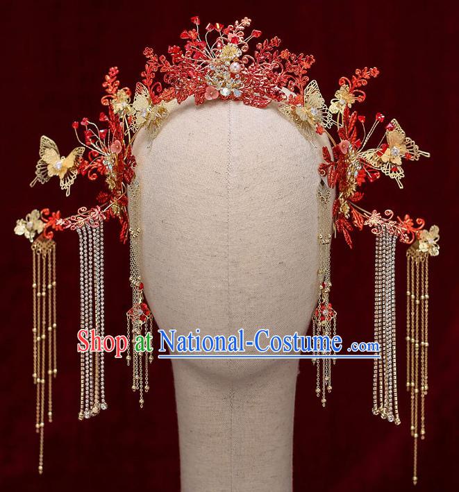 Chinese Traditional Wedding Red Leaf Hair Clasp Bride Handmade Tassel Hairpins Hair Accessories Complete Set for Women