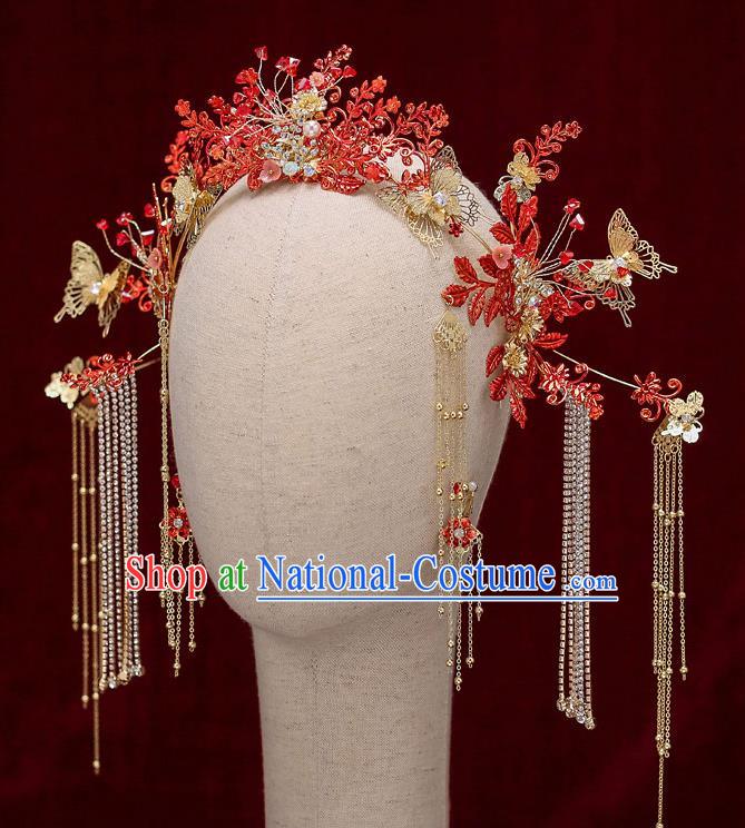 Chinese Traditional Wedding Red Leaf Hair Clasp Bride Handmade Tassel Hairpins Hair Accessories Complete Set for Women