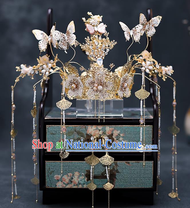 Chinese Traditional Wedding Crystal Butterfly Hair Crown Bride Handmade Tassel Hairpins Hair Accessories Complete Set for Women