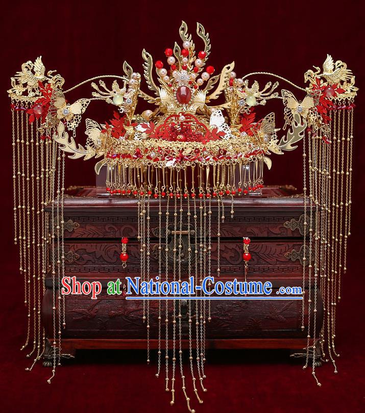 Chinese Traditional Wedding Red Crystal Phoenix Coronet Bride Handmade Tassel Hairpins Hair Accessories Complete Set for Women