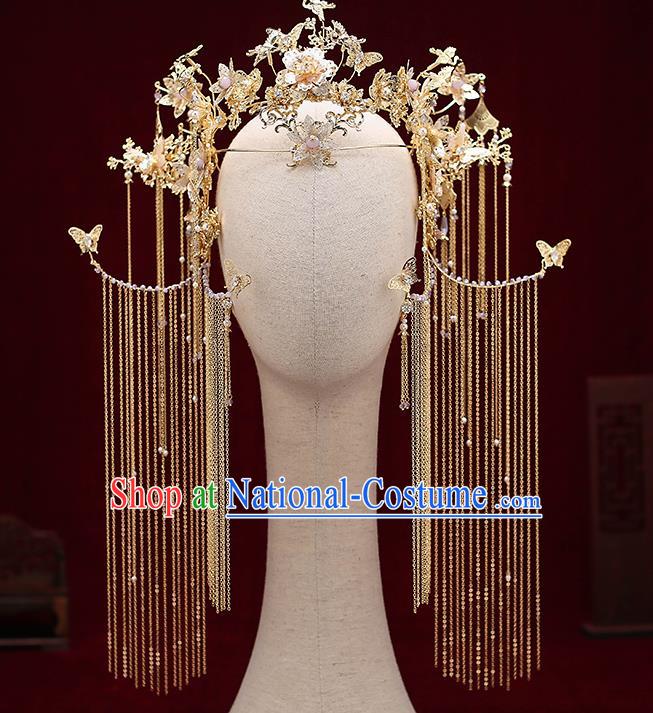 Chinese Traditional Wedding Crane Butterfly Phoenix Coronet Bride Handmade Tassel Hairpins Hair Accessories Complete Set for Women