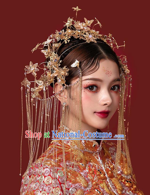 Chinese Traditional Wedding Crane Butterfly Phoenix Coronet Bride Handmade Tassel Hairpins Hair Accessories Complete Set for Women