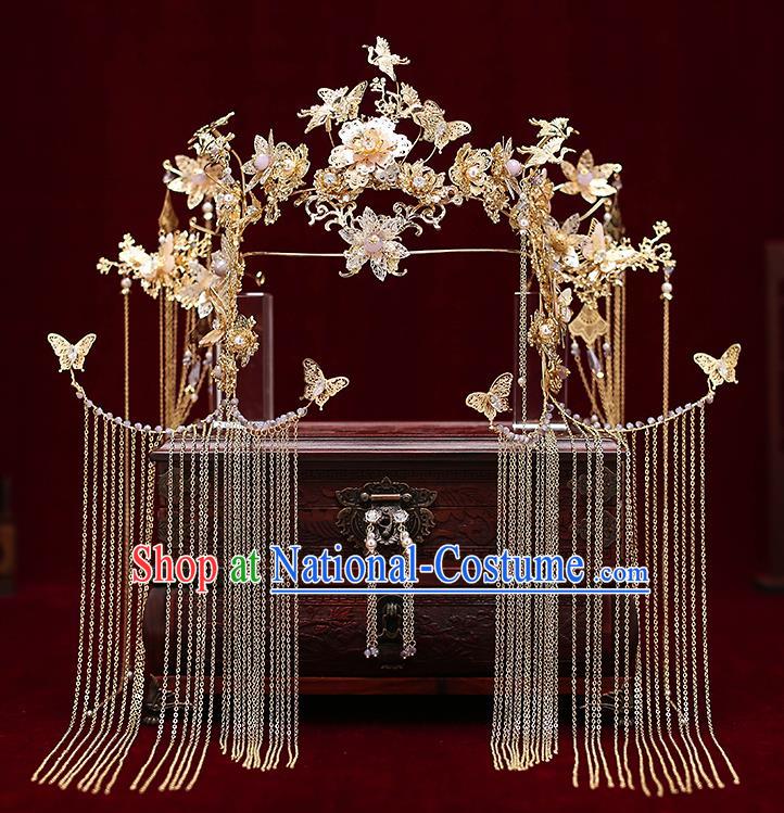 Chinese Traditional Wedding Crane Butterfly Phoenix Coronet Bride Handmade Tassel Hairpins Hair Accessories Complete Set for Women