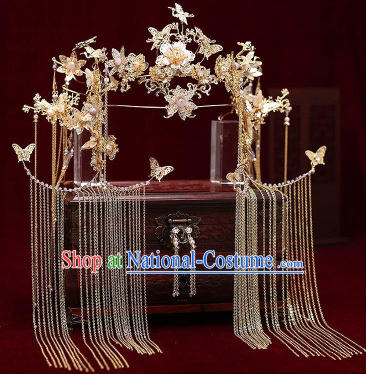 Chinese Traditional Wedding Crane Butterfly Phoenix Coronet Bride Handmade Tassel Hairpins Hair Accessories Complete Set for Women