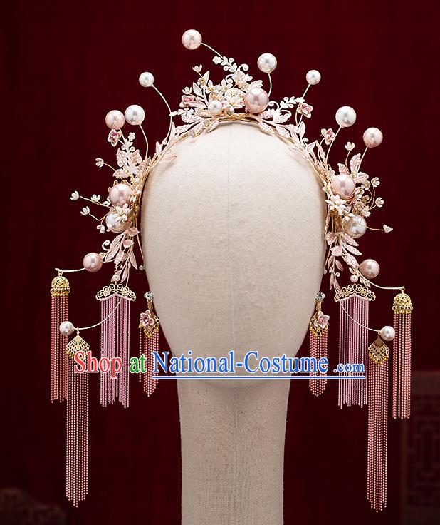 Chinese Traditional Wedding Pink Tassel Hair Clasp Bride Handmade Hairpins Hair Accessories Complete Set for Women