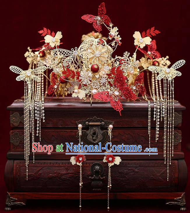 Chinese Traditional Wedding Red Butterfly Hair Crown Bride Handmade Tassel Hairpins Hair Accessories Complete Set for Women