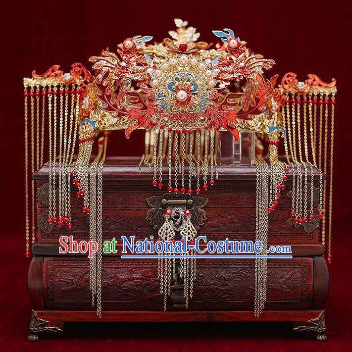 Chinese Traditional Wedding Red Phoenix Hair Crown Bride Handmade Tassel Hairpins Hair Accessories Complete Set for Women