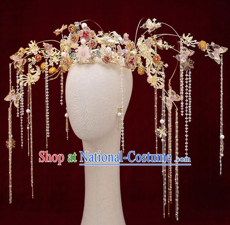 Chinese Traditional Wedding Pink Butterfly Phoenix Coronet Bride Handmade Tassel Hairpins Hair Accessories Complete Set for Women