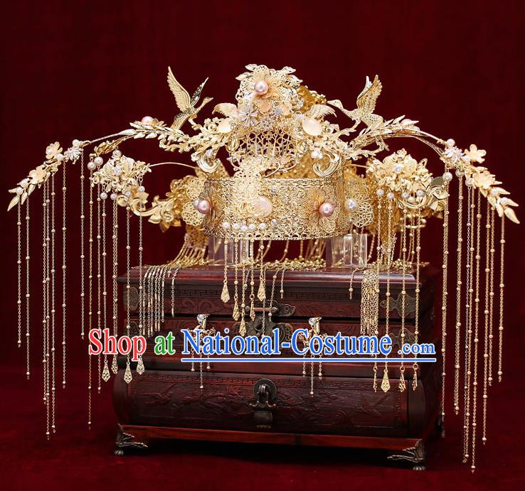 Chinese Traditional Wedding Golden Cranes Phoenix Coronet Bride Handmade Tassel Hairpins Hair Accessories Complete Set for Women