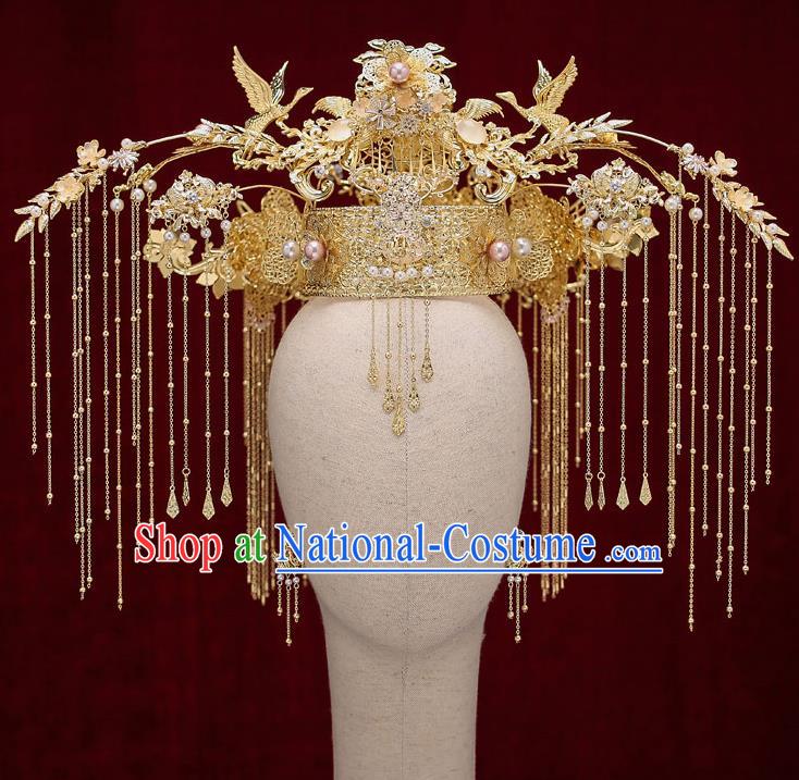 Chinese Traditional Wedding Golden Cranes Phoenix Coronet Bride Handmade Tassel Hairpins Hair Accessories Complete Set for Women