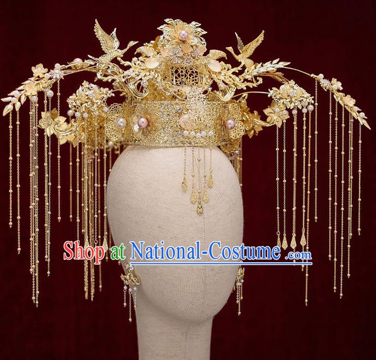 Chinese Traditional Wedding Golden Cranes Phoenix Coronet Bride Handmade Tassel Hairpins Hair Accessories Complete Set for Women