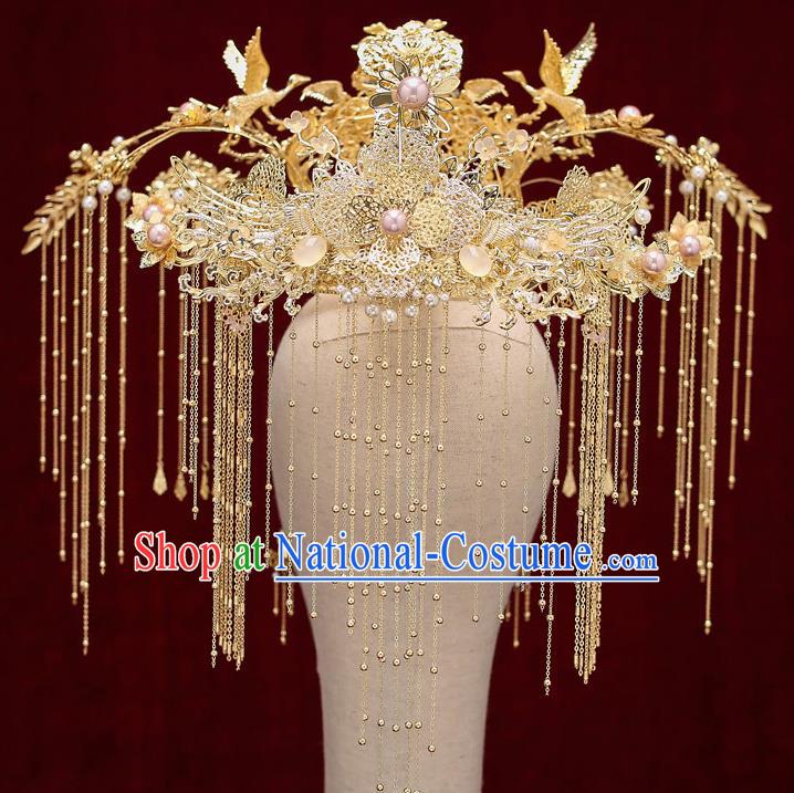 Chinese Traditional Wedding Golden Cranes Phoenix Coronet Bride Handmade Tassel Hairpins Hair Accessories Complete Set for Women