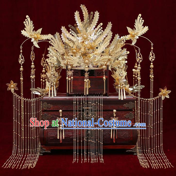 Chinese Traditional Wedding Golden Phoenix Coronet Bride Handmade Tassel Hairpins Hair Accessories Complete Set for Women