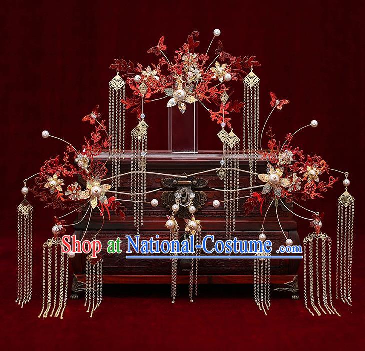 Chinese Traditional Red Leaf Phoenix Coronet Bride Handmade Hairpins Wedding Hair Accessories Complete Set for Women