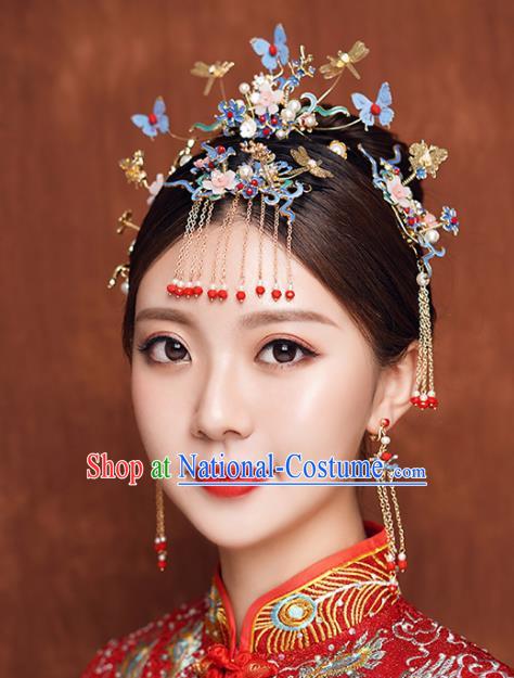 Chinese Traditional Bride Butterfly Tassel Hair Clasp Handmade Hairpins Wedding Hair Accessories Complete Set for Women