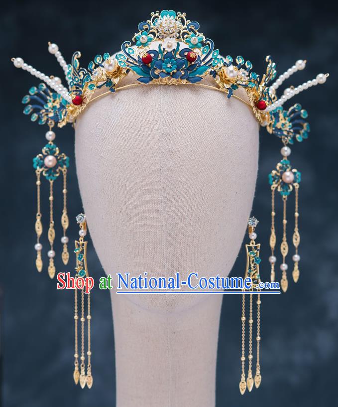 Chinese Traditional Bride Cloisonn Hair Crown Handmade Hairpins Wedding Hair Accessories Complete Set for Women