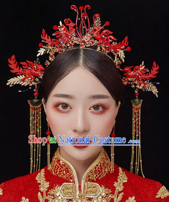 Chinese Traditional Bride Red Phoenix Coronet Handmade Hairpins Wedding Hair Accessories Complete Set for Women