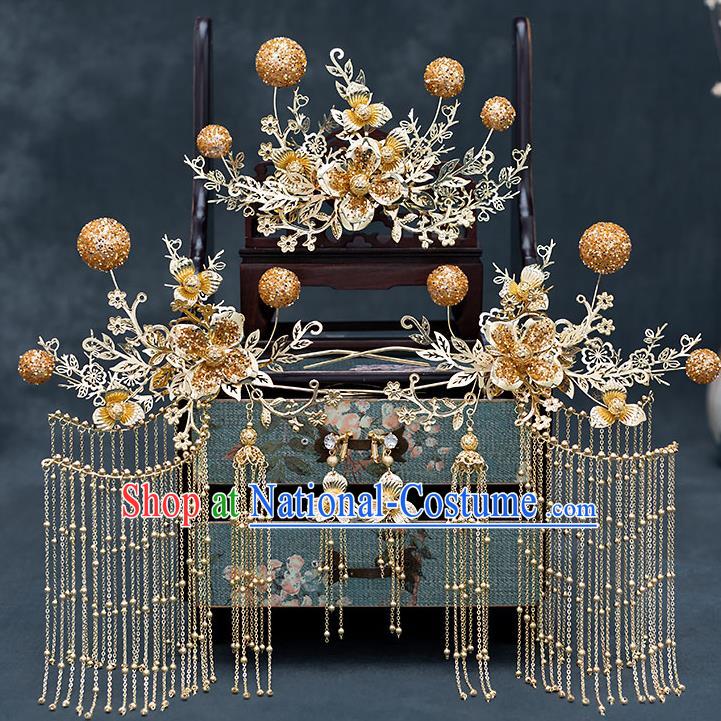 Chinese Traditional Bride Golden Tassel Hair Comb Handmade Hairpins Wedding Hair Accessories Complete Set for Women