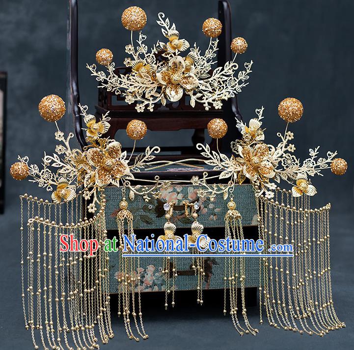 Chinese Traditional Bride Golden Tassel Hair Comb Handmade Hairpins Wedding Hair Accessories Complete Set for Women