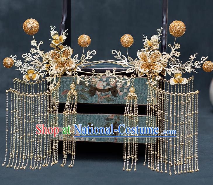 Chinese Traditional Bride Golden Tassel Hair Comb Handmade Hairpins Wedding Hair Accessories Complete Set for Women