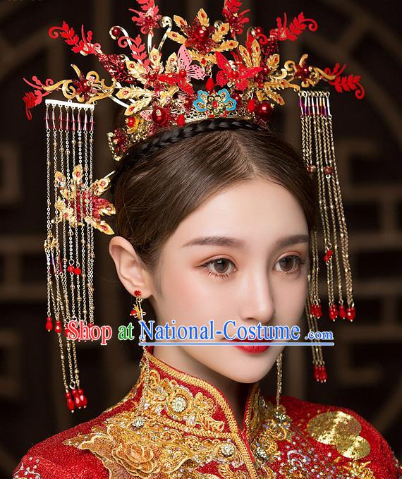 Chinese Traditional Red Butterfly Phoenix Coronet Bride Handmade Hairpins Wedding Hair Accessories Complete Set for Women