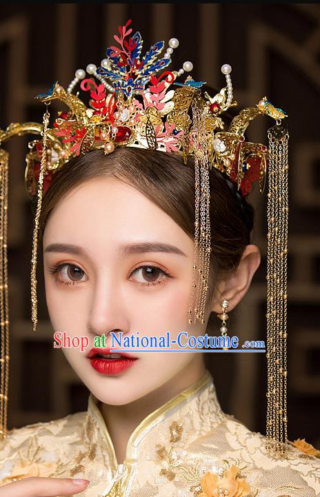 Chinese Traditional Blueing Phoenix Coronet Bride Handmade Hairpins Wedding Hair Accessories Complete Set for Women